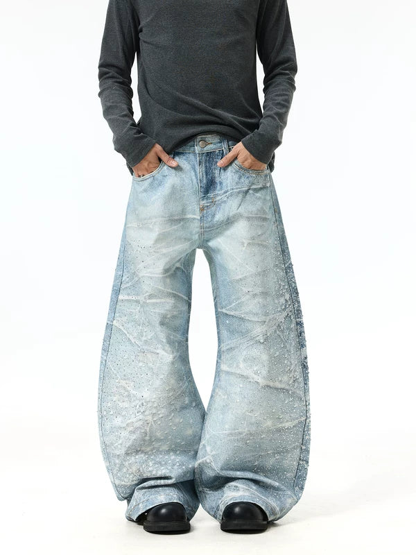 Retro Wide-Leg Rhinestone Splatter Jeans Pants 1