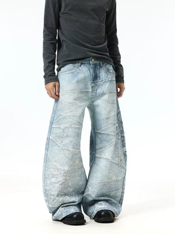 Retro Wide-Leg Rhinestone Splatter Jeans Pants 3