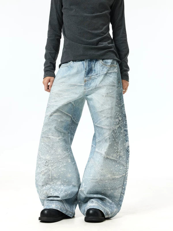 Retro Wide-Leg Rhinestone Splatter Jeans Pants 5