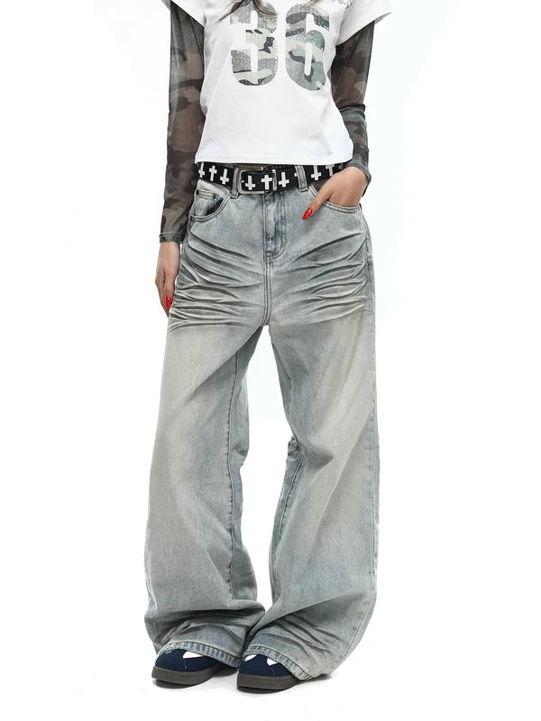 Retro Wide-Leg Whiskered Flare Jeans Pants 1