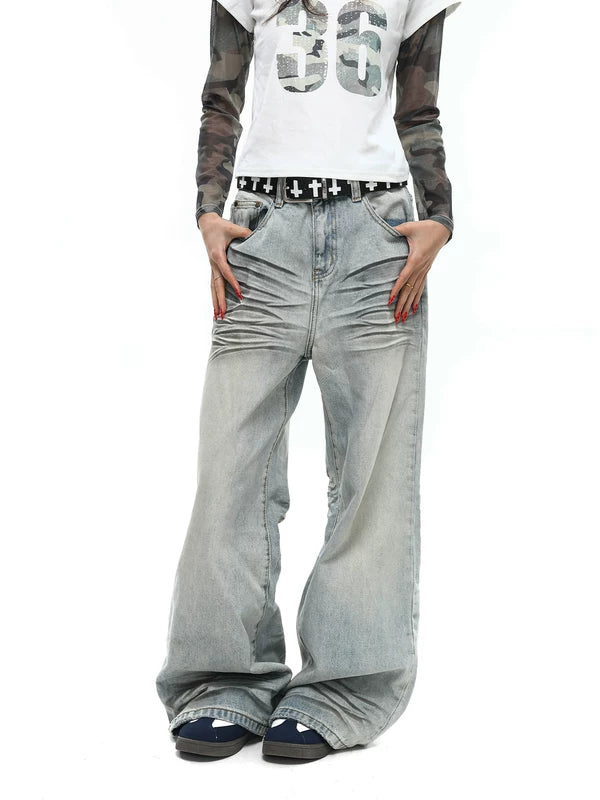 Retro Wide-Leg Whiskered Flare Jeans Pants 4