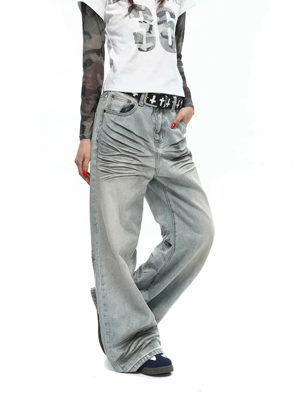 Retro Wide-Leg Whiskered Flare Jeans Pants 5