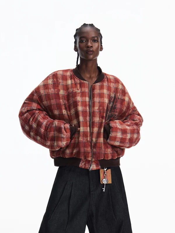,6104089738387,6104089738388,6104089738389, Reversible Distressed Plaid Cotton Bomber Jacket