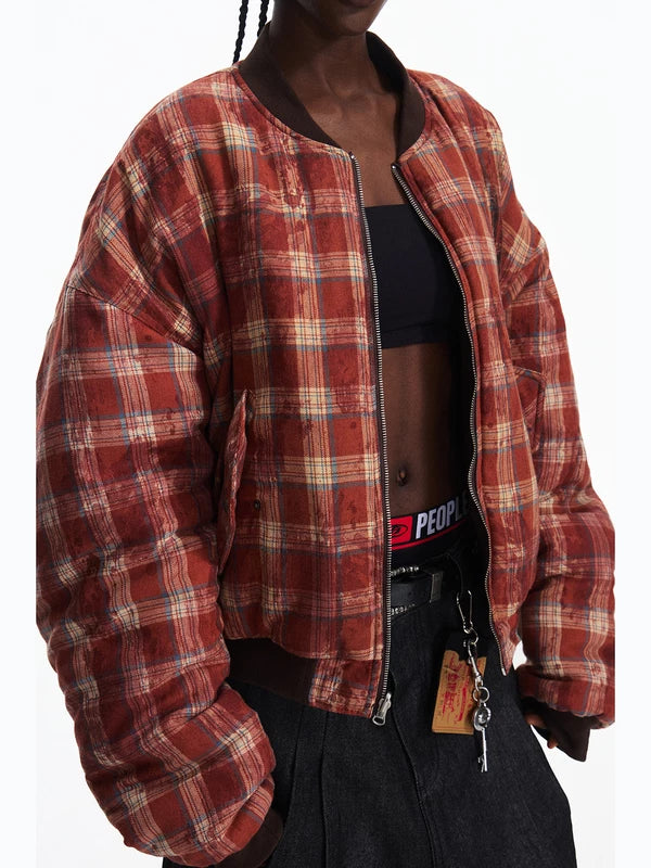 Reversible Distressed Plaid Cotton Bomber Jacket 2