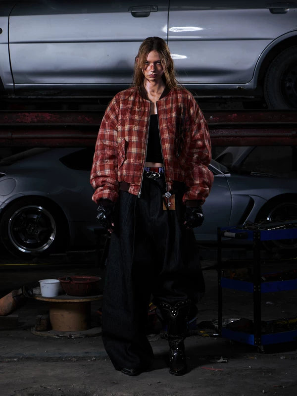 Reversible Distressed Plaid Cotton Bomber Jacket 4