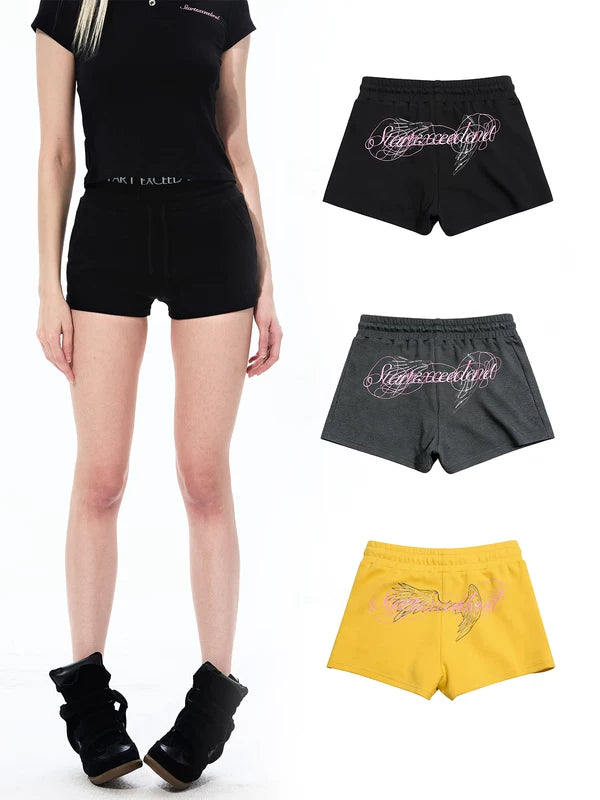 Rhinestone Angel Print Drawstring Shorts 1