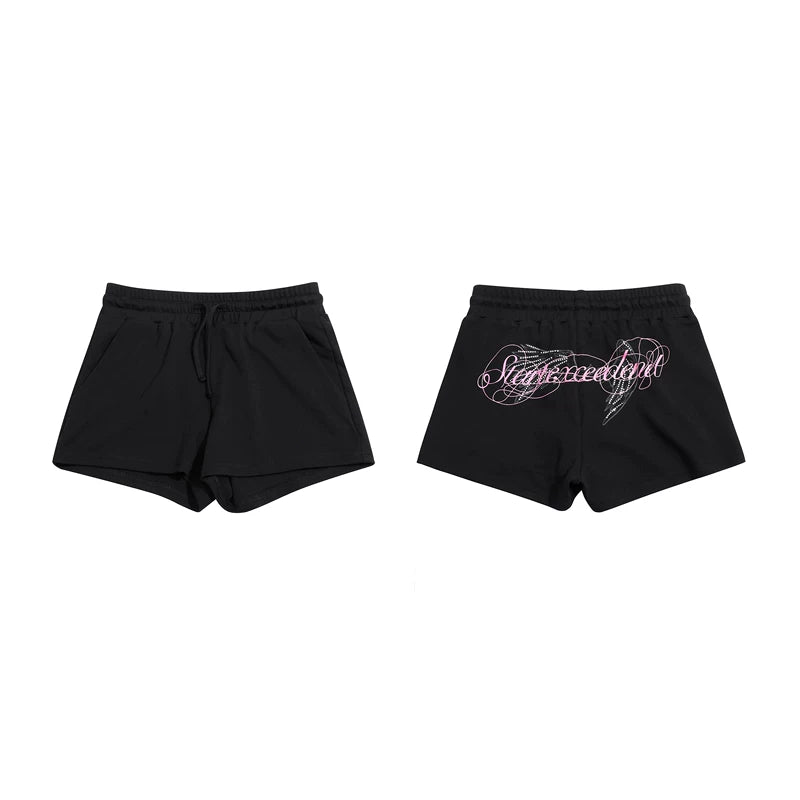 6244515339037,6244515339038,6244515339039,6244515339040, Rhinestone Angel Print Drawstring Shorts