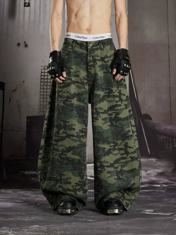 Rhinestone Camouflage Wide-Leg Lantern Jeans 1