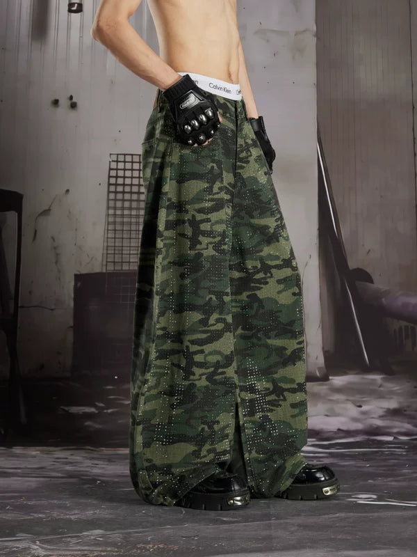 Rhinestone Camouflage Wide-Leg Lantern Jeans 2