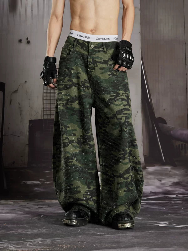 Rhinestone Camouflage Wide-Leg Lantern Jeans 3