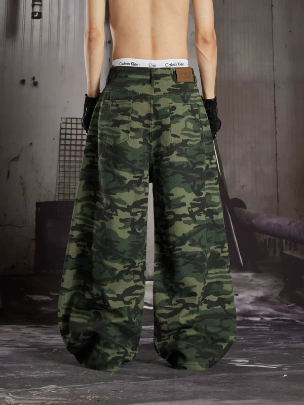 Rhinestone Camouflage Wide-Leg Lantern Jeans 4