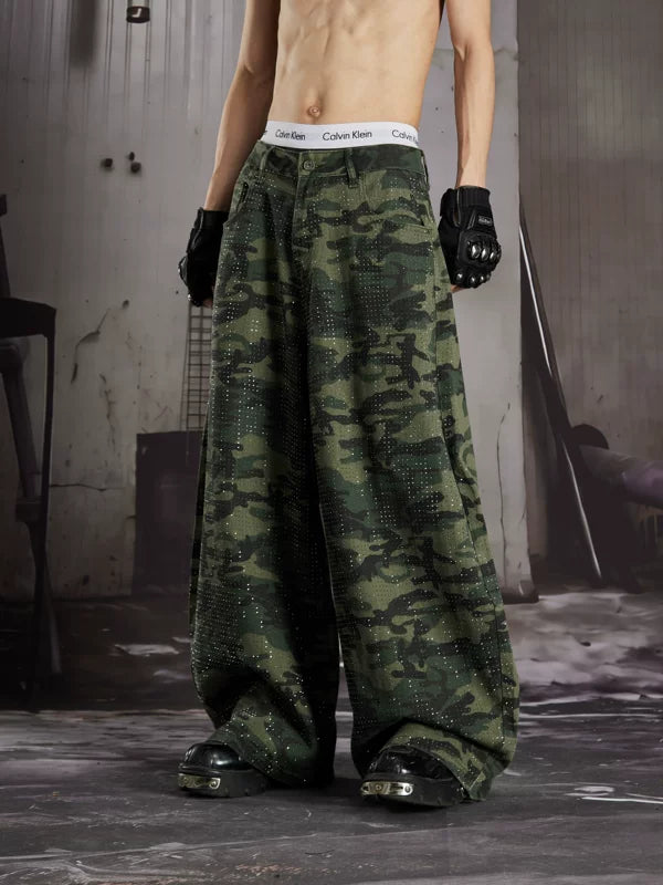 Rhinestone Camouflage Wide-Leg Lantern Jeans 5