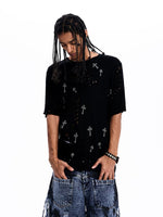 Rhinestone Cross Distressed Knit Sweater 1