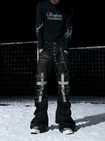 Rhinestone Cross Double Waist Button-Down Pants 2