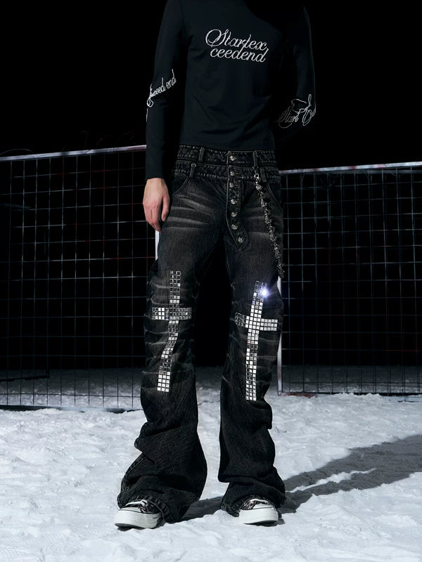 Rhinestone Cross Double Waist Button-Down Pants 3