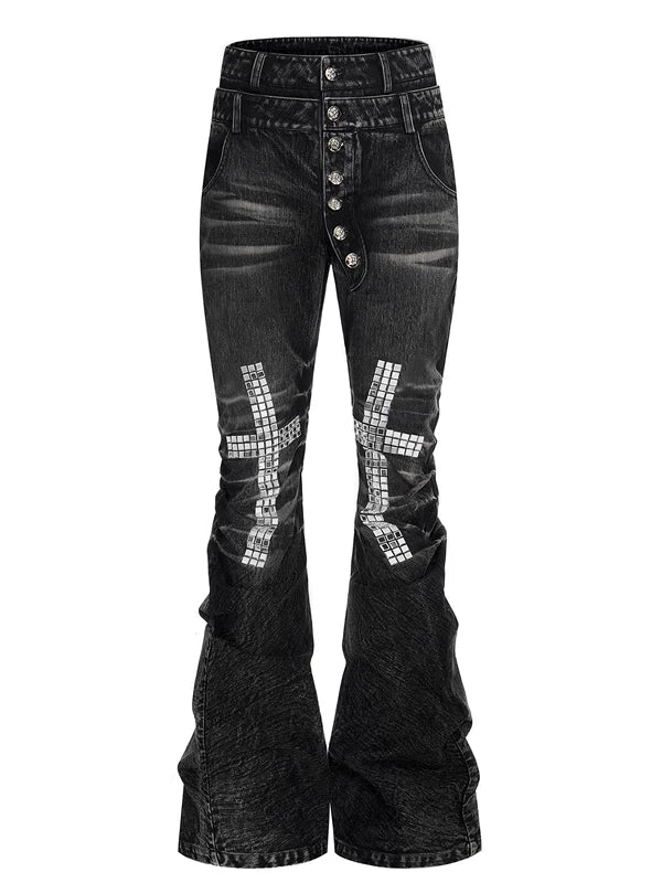 Rhinestone Cross Double Waist Button-Down Pants 5