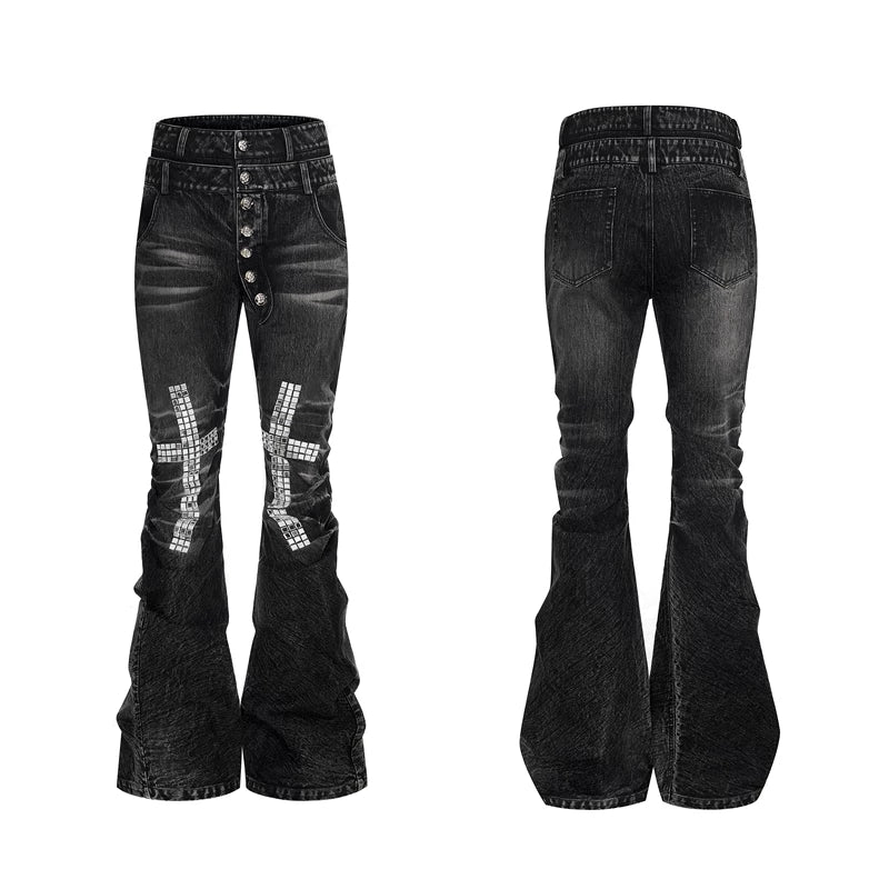 6159872650605,6159872650606,6159872650607,6159872650608, Rhinestone Cross Double Waist Button-Down Pants