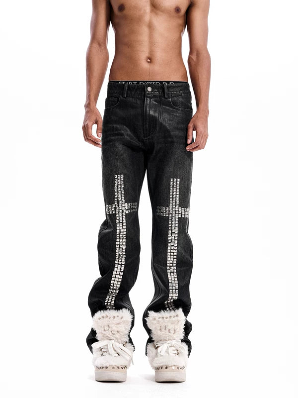 Rhinestone Cross Embellished Straight Leg Jeans 3