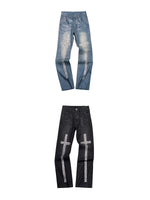 Rhinestone Cross Embellished Straight Leg Jeans 5