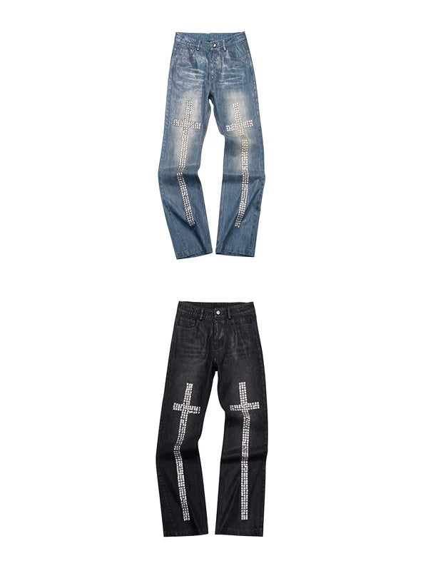Rhinestone Cross Embellished Straight Leg Jeans 5
