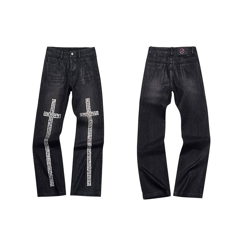6265072362533,6265072362534,6265072362535,6265072362536, Rhinestone Cross Embellished Straight Leg Jeans