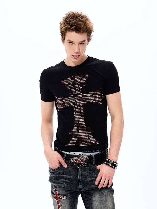 Rhinestone Cross Graphic Crew Neck T-Shirt 1