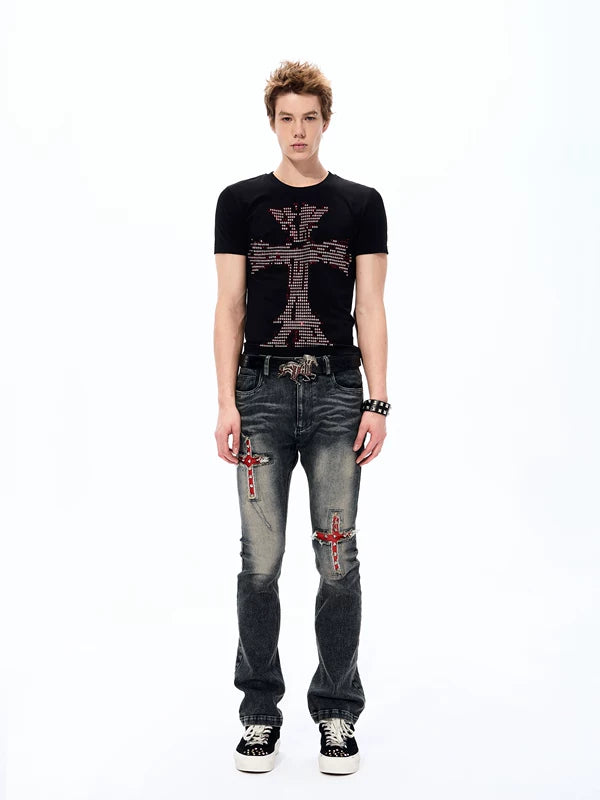 Rhinestone Cross Graphic Crew Neck T-Shirt 3
