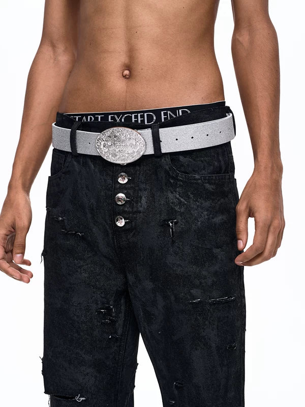 Rhinestone Cross Top-Grain Cowhide Leather Belt 3