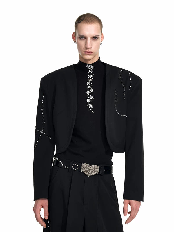 Rhinestone Embellished Collarless Cropped Suit Jacket 2