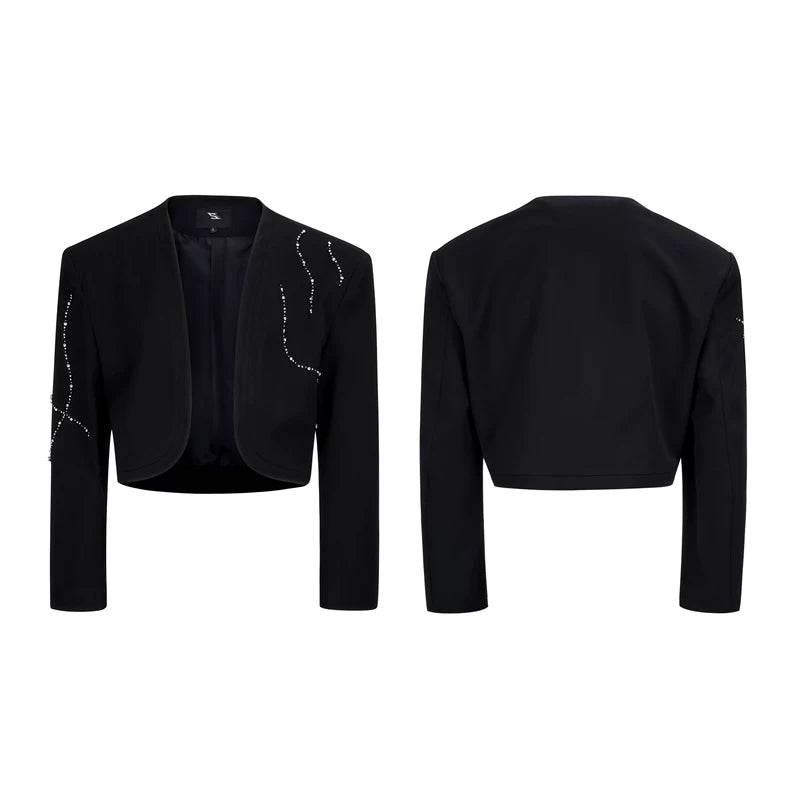 6081625982416,6081625982418,6081625982420,6081625982422, Rhinestone Embellished Collarless Cropped Suit Jacket