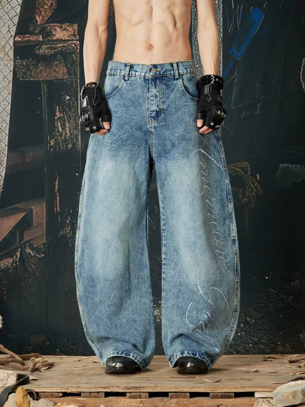 Rhinestone Embellished Distressed Wide-Leg Jeans Pants 1