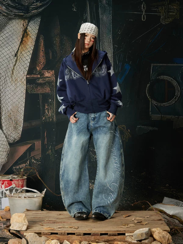 Rhinestone Embellished Distressed Wide-Leg Jeans Pants 4
