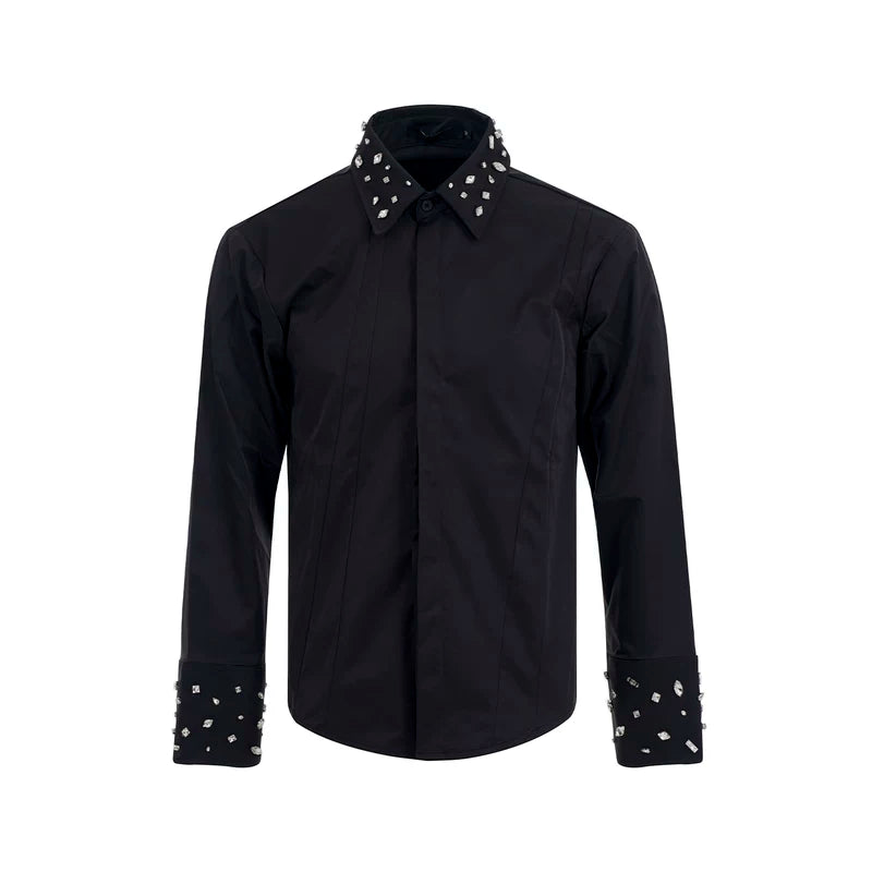 5883238175587,5883238175588,5883238175589,5883238175590, Rhinestone Embellished Long-Sleeve Shirt with Tie