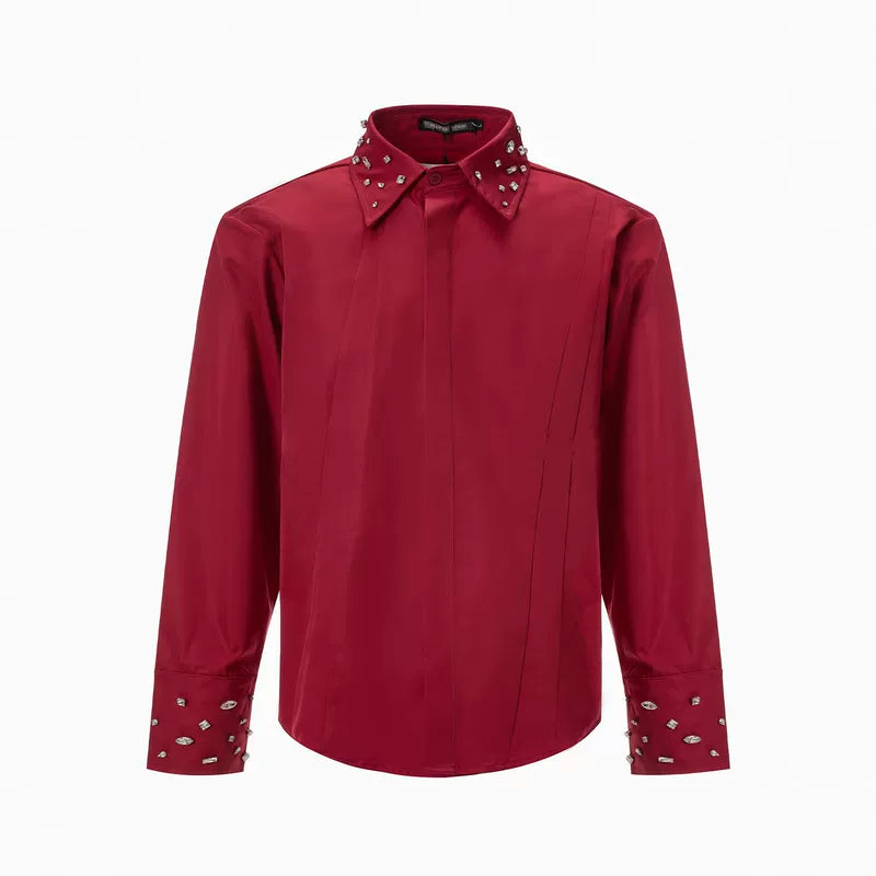 5883238175595,5883238175596,5883238175597,5883238175598, Rhinestone Embellished Long-Sleeve Shirt with Tie