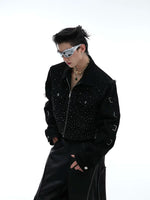 Rhinestone Embellished Padded Shoulder Denim Jacket 1