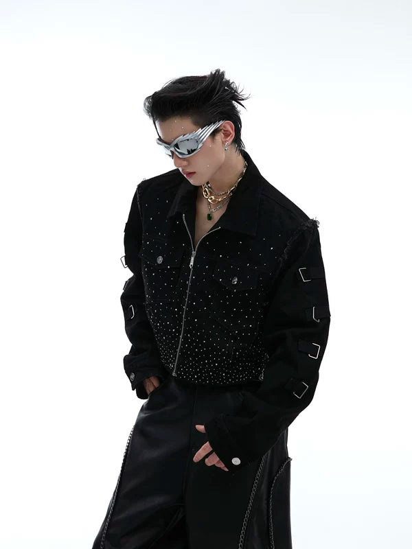 Rhinestone Embellished Padded Shoulder Denim Jacket 1
