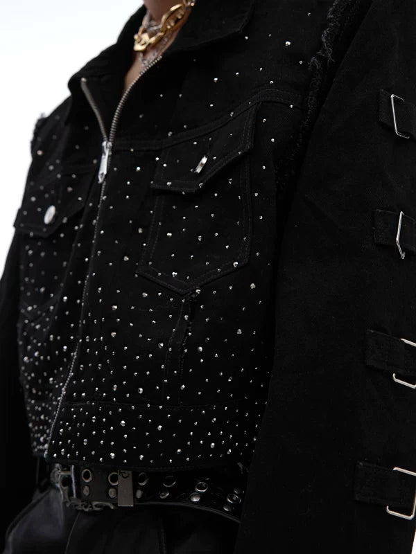 Rhinestone Embellished Padded Shoulder Denim Jacket 3