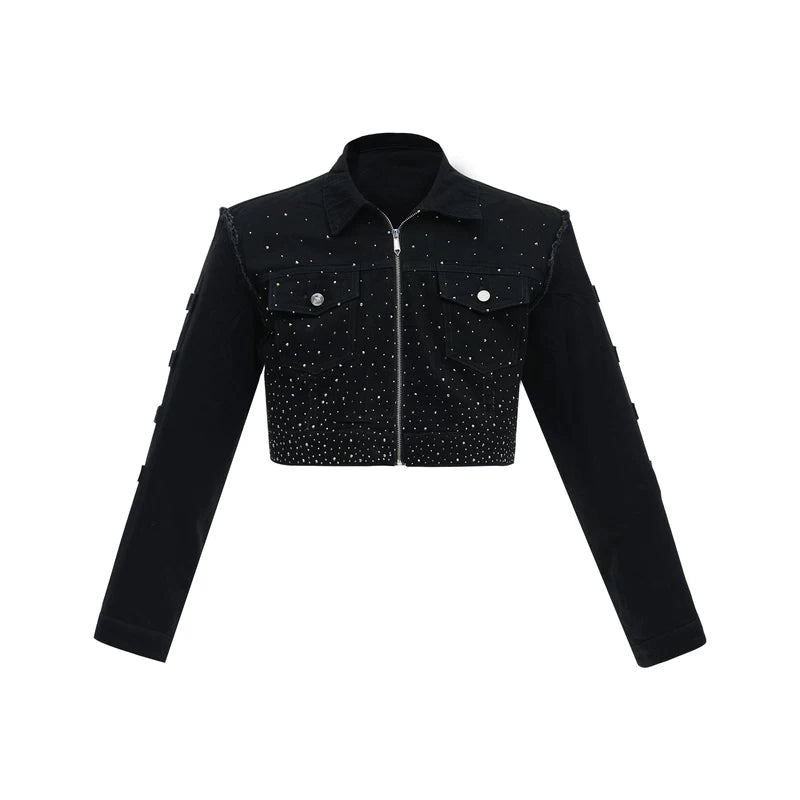 5672156110715,5672156110716,5894896395078, Rhinestone Embellished Padded Shoulder Denim Jacket