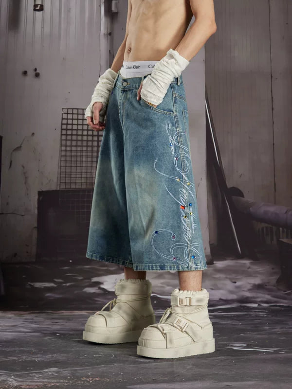 Rhinestone Embroidered Loose Denim Capri Pants 2