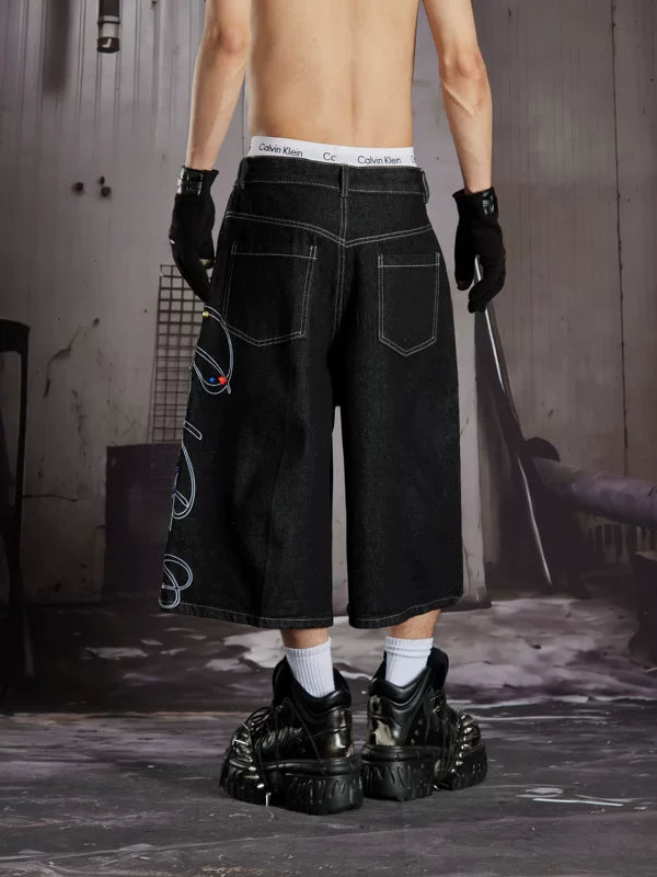 Rhinestone Embroidered Loose Denim Capri Pants 3