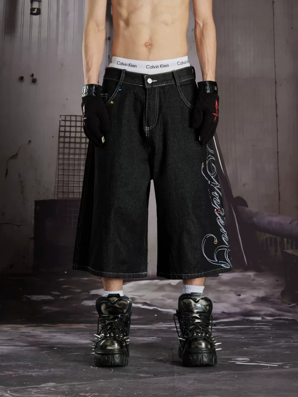 Rhinestone Embroidered Loose Denim Capri Pants 4