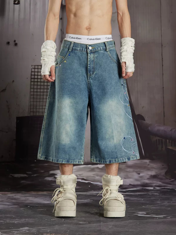 Rhinestone Embroidered Loose Denim Capri Pants 5