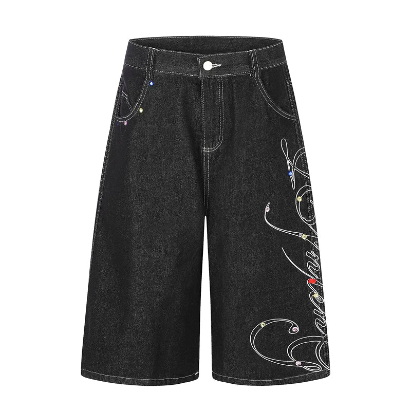 6264201171939,6264201171940,6264201171941,6264201171942, Rhinestone Embroidered Loose Denim Capri Pants