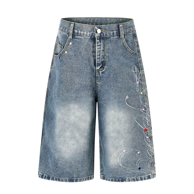 6264201171943,6264201171944,6264201171945,6264201171946, Rhinestone Embroidered Loose Denim Capri Pants