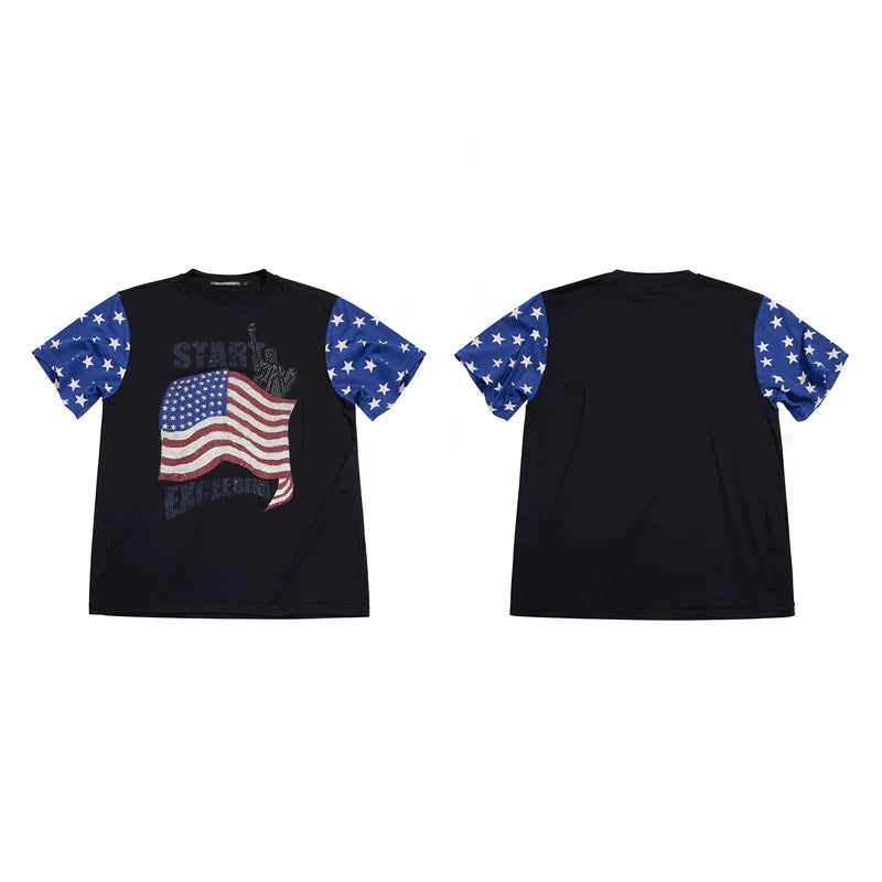 6252003262603,6252003262605,6252003262607,6252003262609, Rhinestone Flag Graphic Short-Sleeve T-Shirt