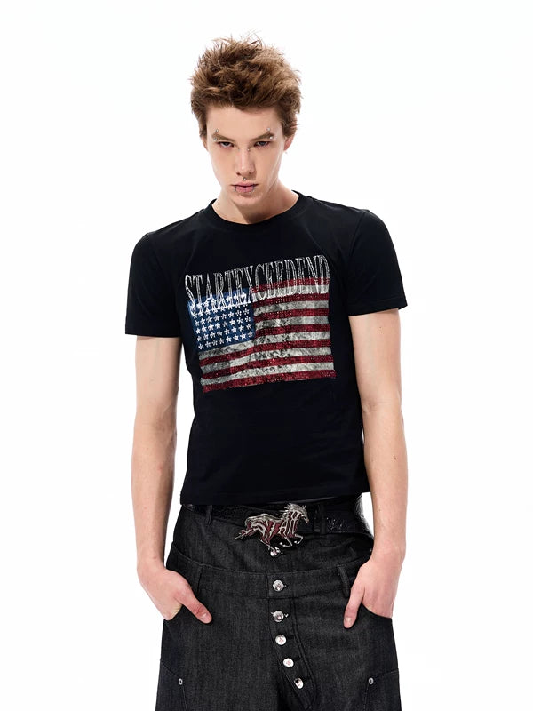 Rhinestone Flag Print Slim Fit T-Shirt 2