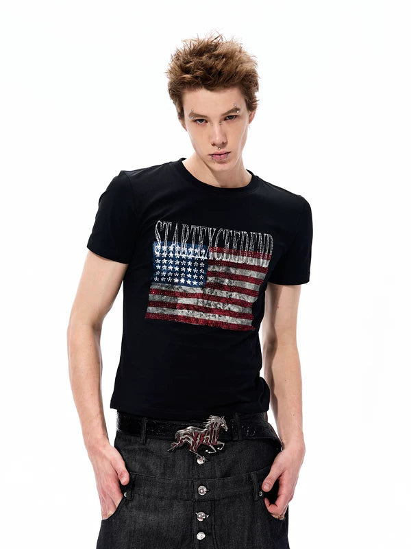 Rhinestone Flag Print Slim Fit T-Shirt 3