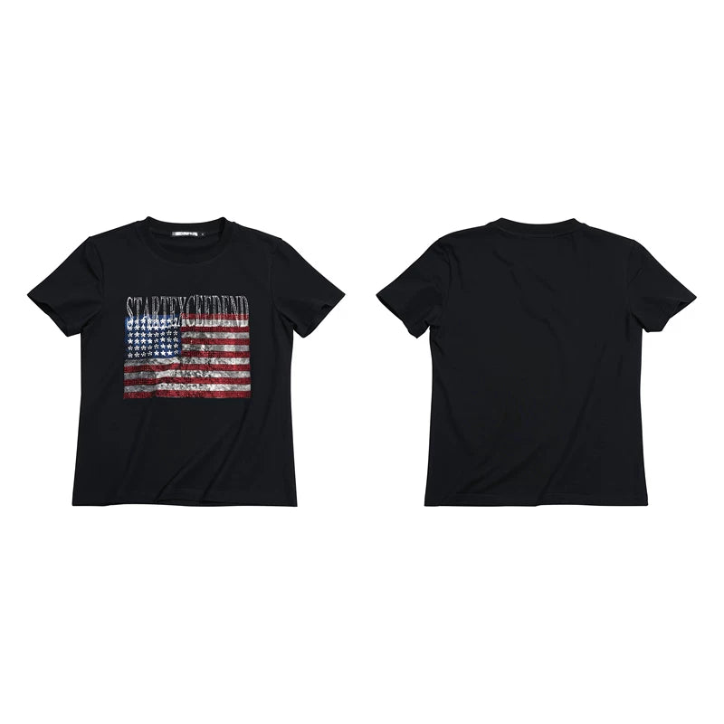 6079045292943,6079045292944,6079045292945,6079045292946, Rhinestone Flag Print Slim Fit T-Shirt