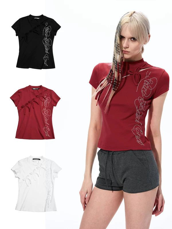 Rhinestone Letter Bow Detail Slim T-Shirt 1