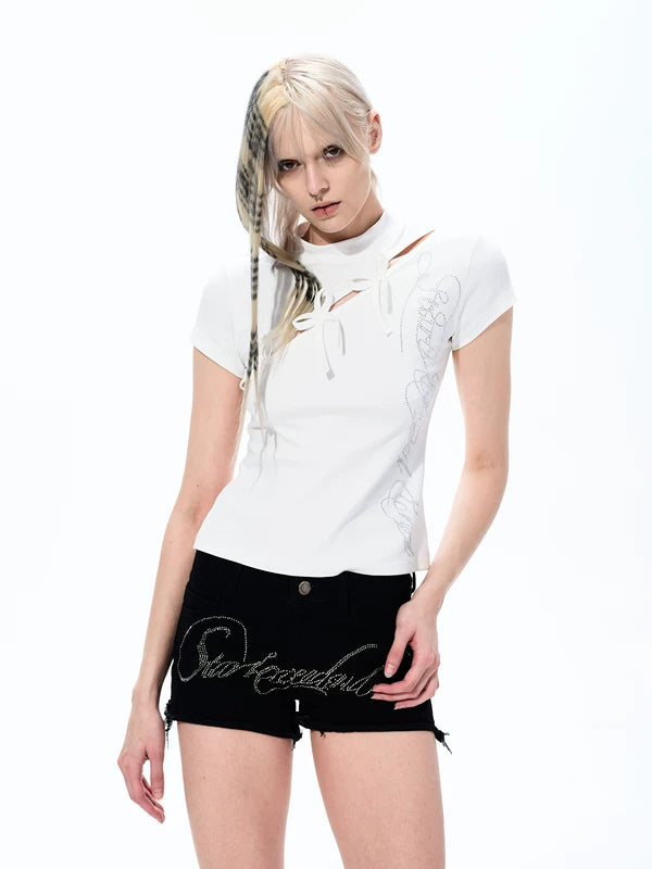 Rhinestone Letter Bow Detail Slim T-Shirt 3